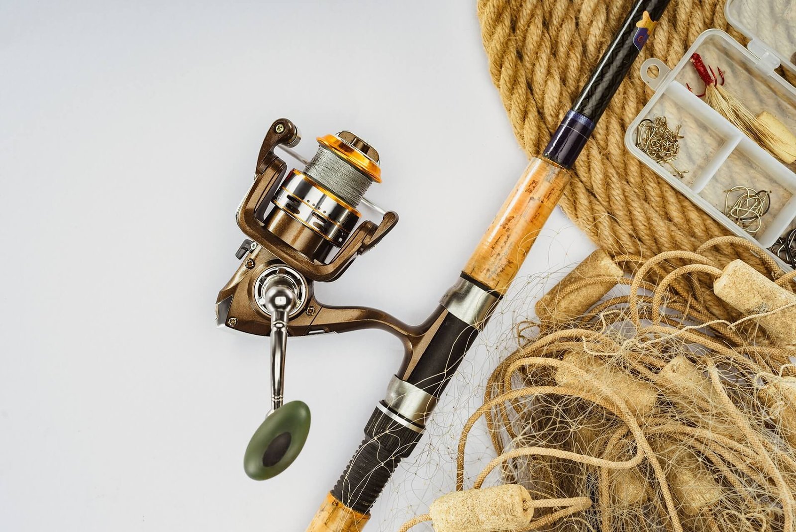 top view of fishing rod nautical rope and plastic 2022 11 03 04 10 31 utc 1